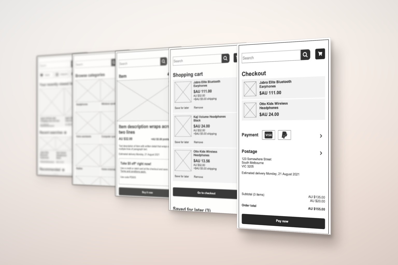 Wireframes of the selected shopping cart and checkout concept, tested with 300 participants