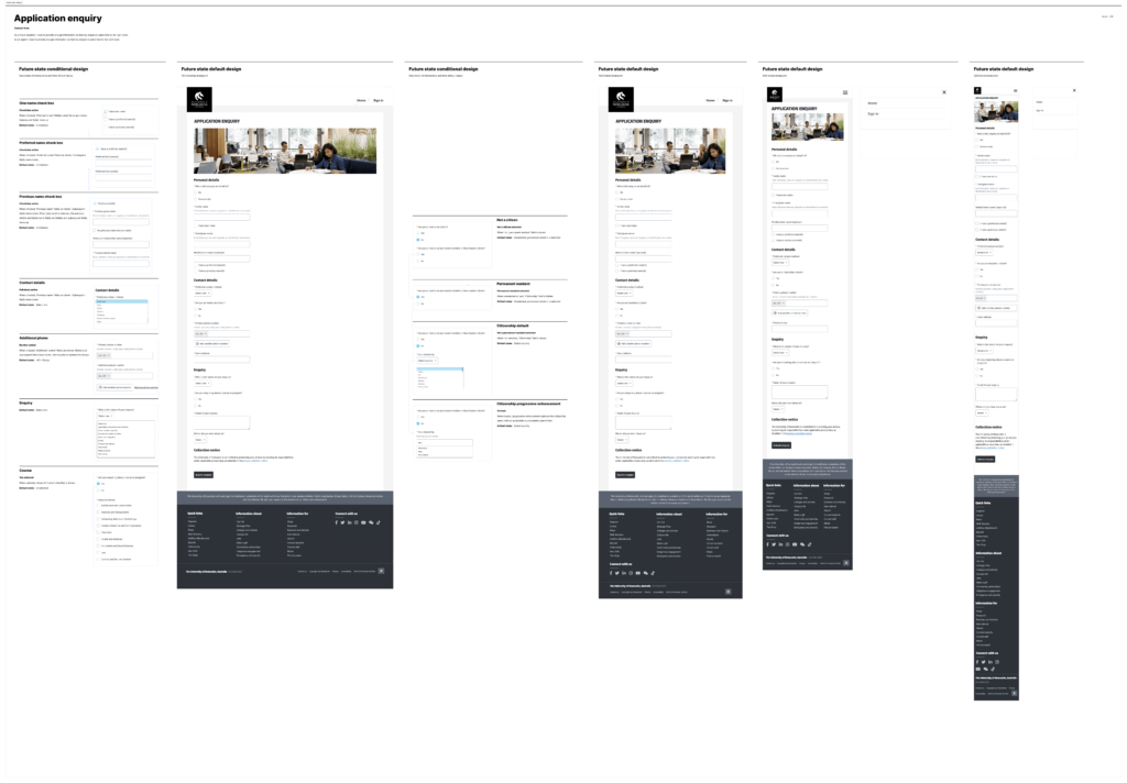 Excerpt from a design handover document showing responsive break points, content modules and conditional variations.