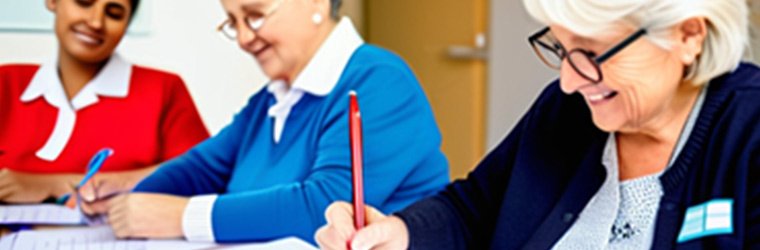 Photo of older charity workers sitting at a desk filling in paper forms