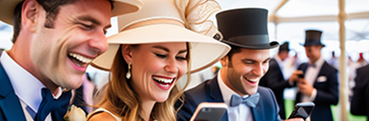 Photograph of a group of friends dressed formally for the Melbourne Cup, enjoying using their mobile phones.