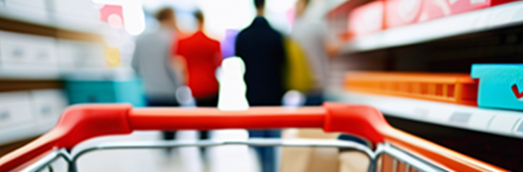 Photo of a shopping cart with shoppers in the background