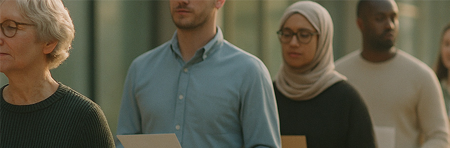 Photo of a queue of citizens waiting to submit paper forms