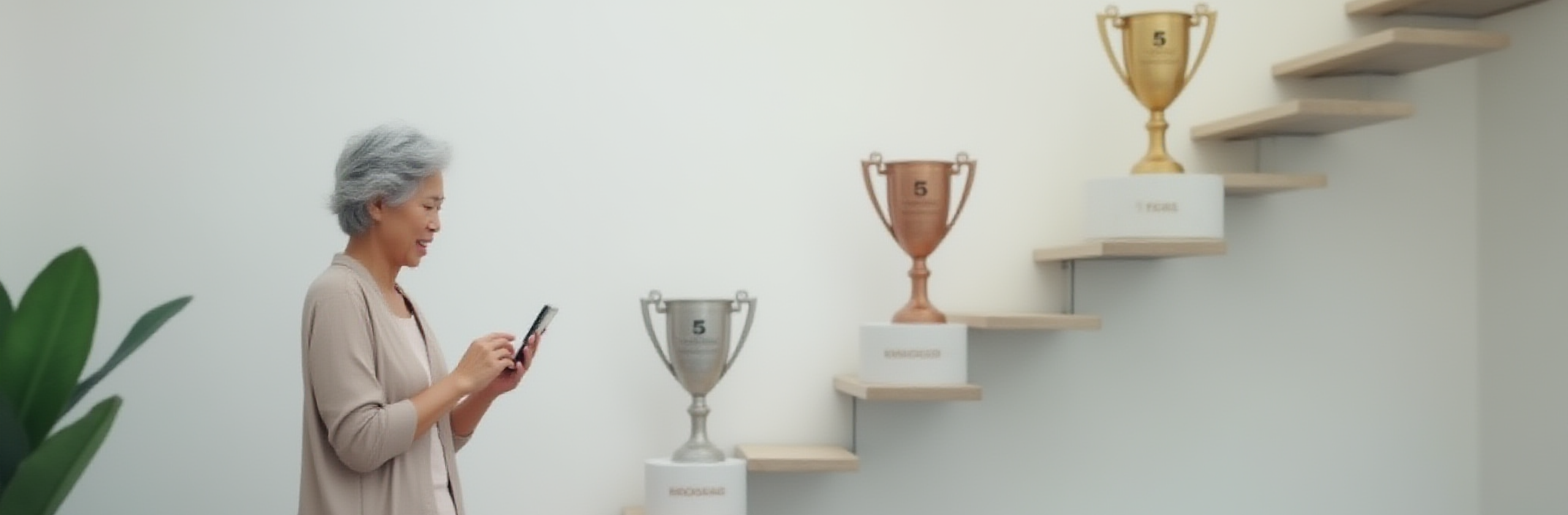 Photo of a woman using a mobile app in front of a staircase representing progress bronze, silver and gold trophies