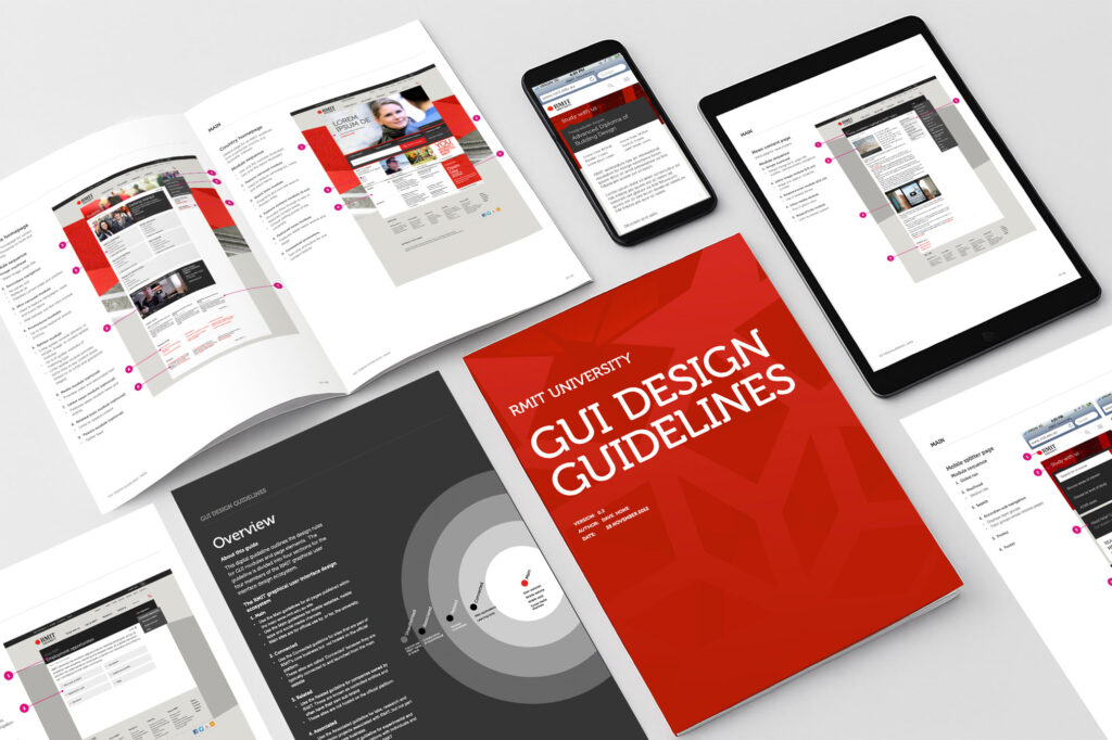 Photo of design system assets printed out on paper, showing key components of the GUI design guidelines